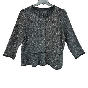 Talbots Womens Blazer Jacket 2XP Tweed Black Boucle Mid Length Fringe Hem